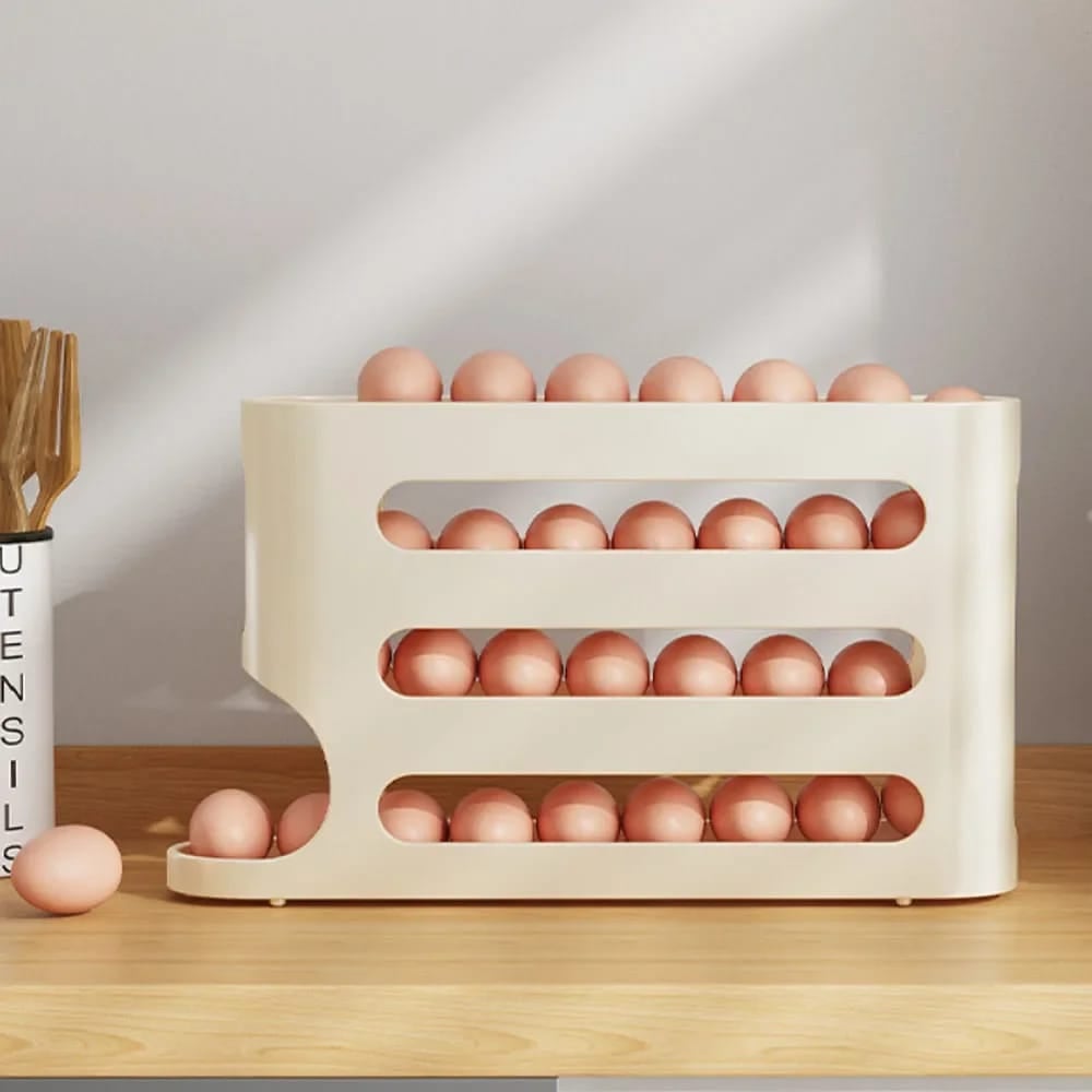 Picture of 4 Tiers Egg Holder for Fridge: 30 Eggs Auto Rolling Egg Dispenser, Space-Saving Egg Dispenser Holder, Fridge Egg Storage Rack Large Capacity Egg Organizer for Refrigerator Kichen Cabinet - Yellow