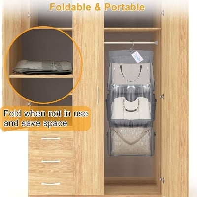 Picture of 6 Pocket Foldable Hanging Bag 3 Layers Folding Shelf Bag Purse Handbag Organizer With free Hanger