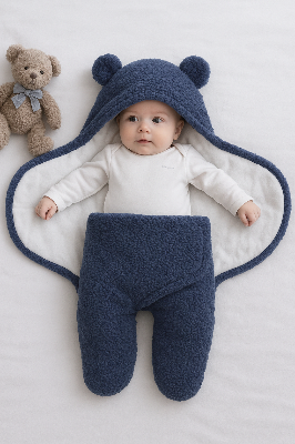 Picture of Cozy Baby Swaddle Wrap with Hooded Bear Design – Warm Sleeping Bag for Newborns - Blue
