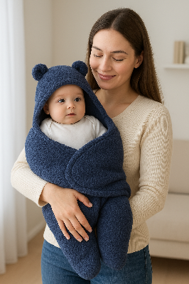 Picture of Cozy Baby Swaddle Wrap with Hooded Bear Design – Warm Sleeping Bag for Newborns - Blue