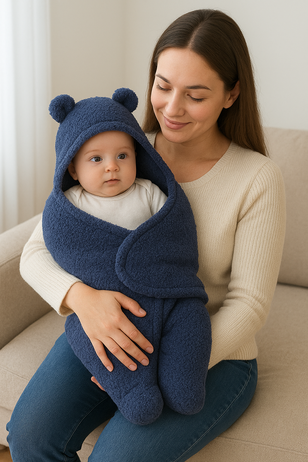 Picture of Cozy Baby Swaddle Wrap with Hooded Bear Design – Warm Sleeping Bag for Newborns - Blue