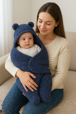 Picture of Cozy Baby Swaddle Wrap with Hooded Bear Design – Warm Sleeping Bag for Newborns - Blue