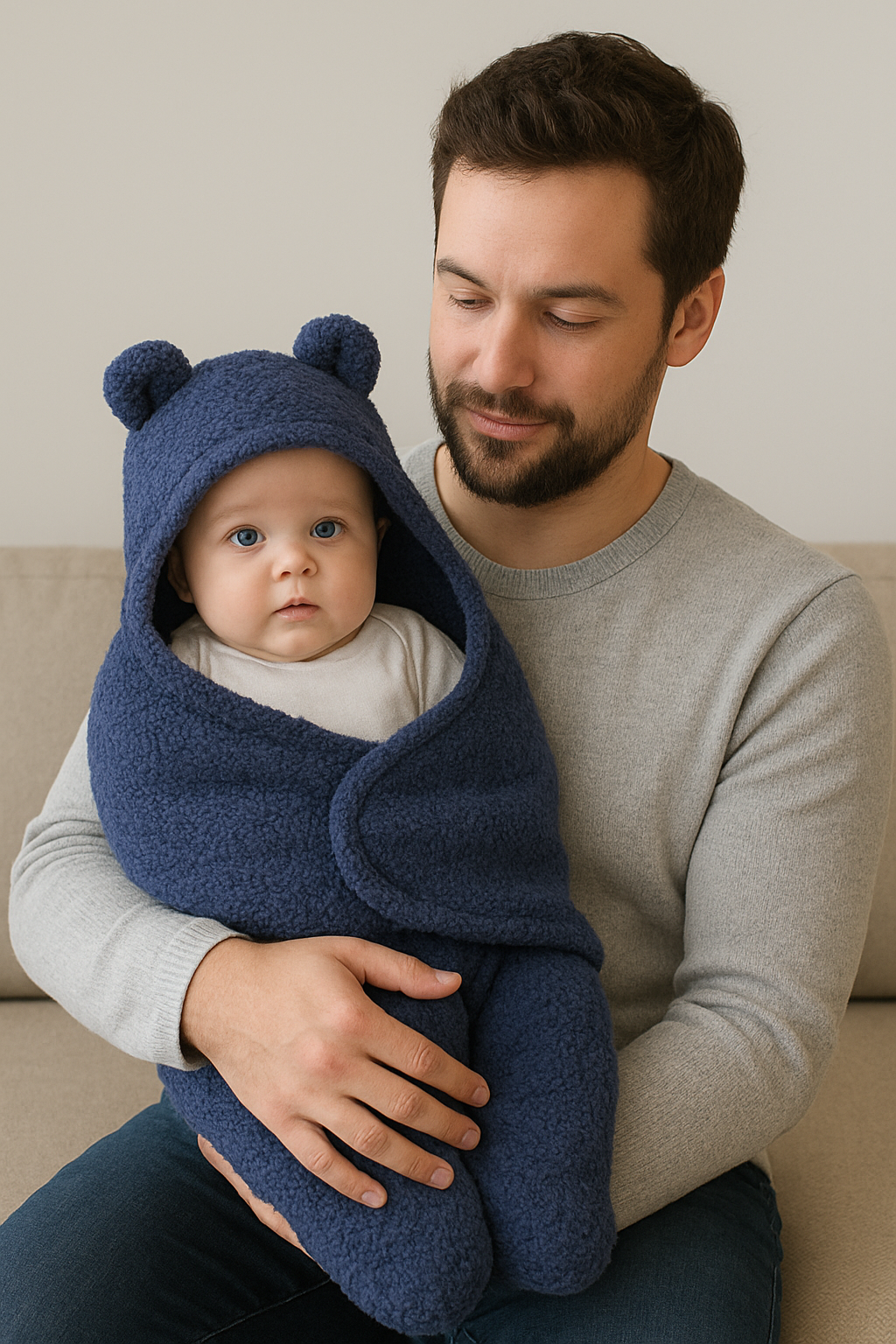 Picture of Cozy Baby Swaddle Wrap with Hooded Bear Design – Warm Sleeping Bag for Newborns - Blue