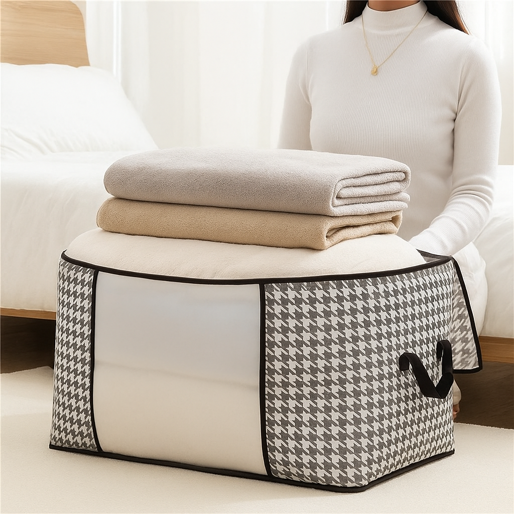 Picture of •	Premium Foldable Clothes Storage Bag Organizer with Zipper & Handles – Large Capacity Blanket & Wardrobe Organizer Box - Grey