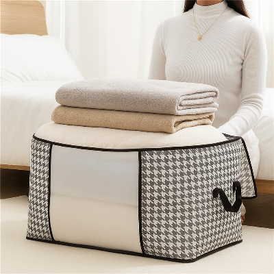 Picture of •	Premium Foldable Clothes Storage Bag Organizer with Zipper & Handles – Large Capacity Blanket & Wardrobe Organizer Box - Grey
