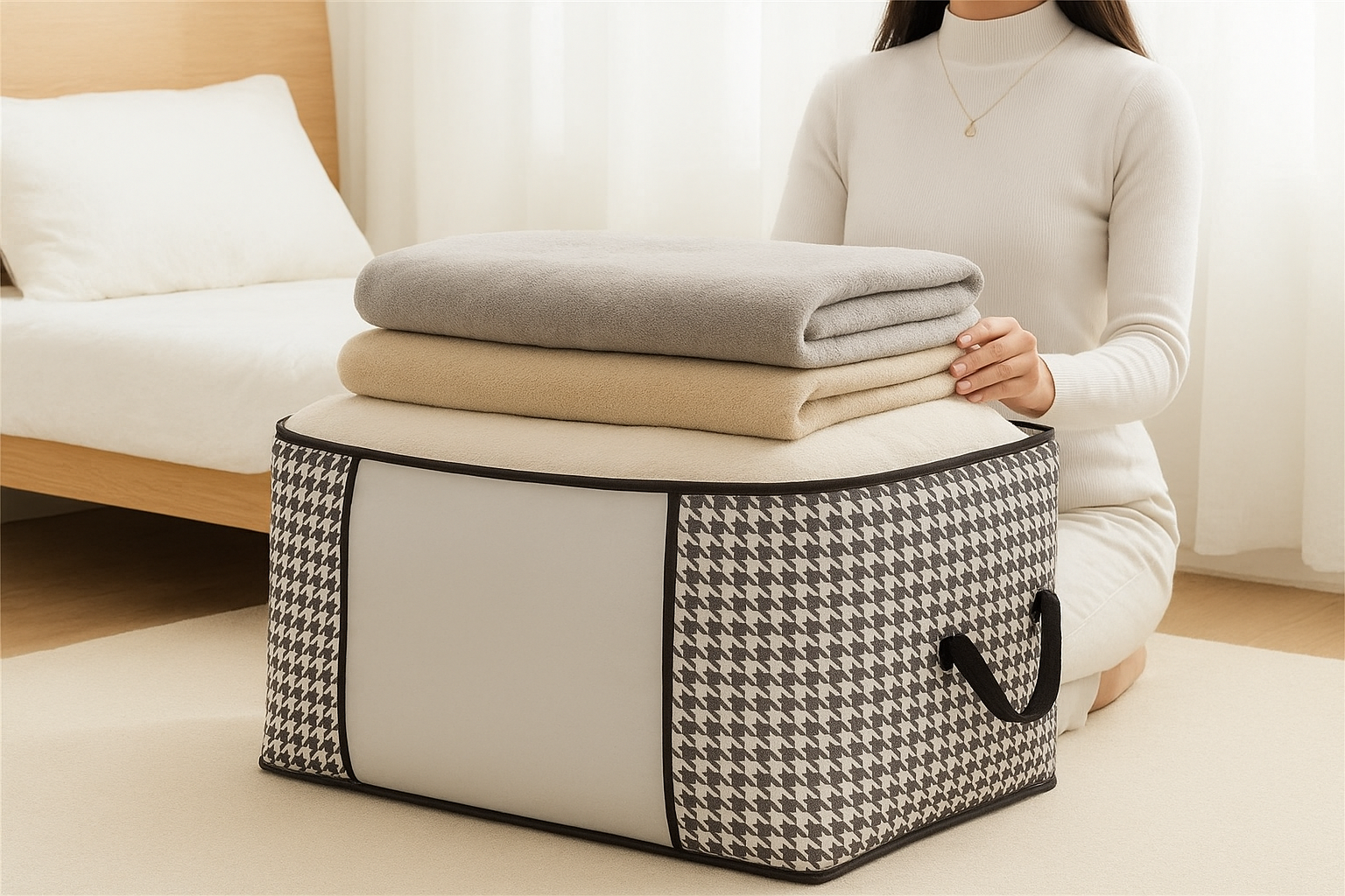 Picture of •	Premium Foldable Clothes Storage Bag Organizer with Zipper & Handles – Large Capacity Blanket & Wardrobe Organizer Box - Grey