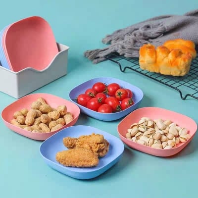 Picture of Plastic Bone Storage Tray Set of 10 Bone Spitting Plates with Stand Simple Straw Design for Candy Fruit Cookies for Snacks - Multicolor