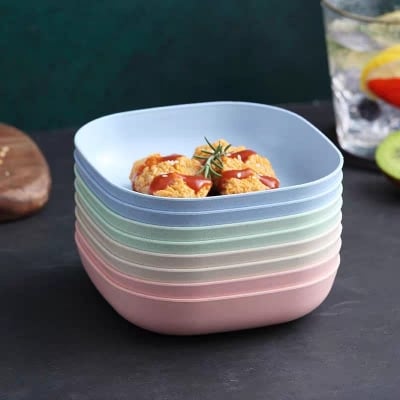 Picture of Plastic Bone Storage Tray Set of 10 Bone Spitting Plates with Stand Simple Straw Design for Candy Fruit Cookies for Snacks - Multicolor