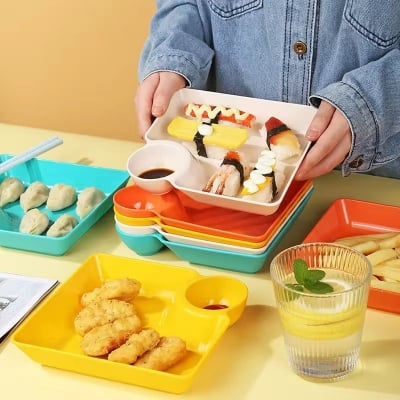 Picture of 4pcs Multifunctional Snack Plate with Built-in Sauce Dip Bowl – Durable & Stylish Serving Tray - Multicolor