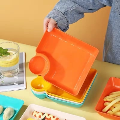 Picture of 4pcs Multifunctional Snack Plate with Built-in Sauce Dip Bowl – Durable & Stylish Serving Tray - Multicolor