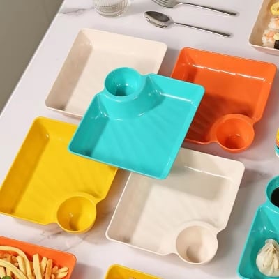 Picture of 4pcs Multifunctional Snack Plate with Built-in Sauce Dip Bowl – Durable & Stylish Serving Tray - Multicolor