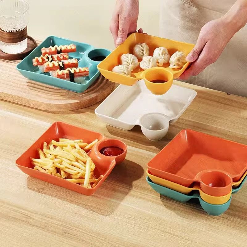 Picture of 4pcs Multifunctional Snack Plate with Built-in Sauce Dip Bowl – Durable & Stylish Serving Tray - Multicolor
