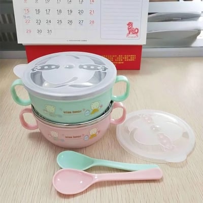 Picture of New Baby Feeding Bowl with Lids Stainless Steel Insulated Bowl Spoon Set Children Tableware Cartoon Printed Easy To Clean Children Food Bowl