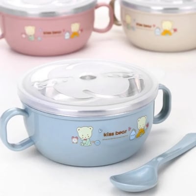 Picture of New Baby Feeding Bowl with Lids Stainless Steel Insulated Bowl Spoon Set Children Tableware Cartoon Printed Easy To Clean Children Food Bowl