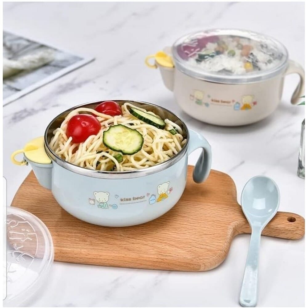 Picture of New Baby Feeding Bowl with Lids Stainless Steel Insulated Bowl Spoon Set Children Tableware Cartoon Printed Easy To Clean Children Food Bowl