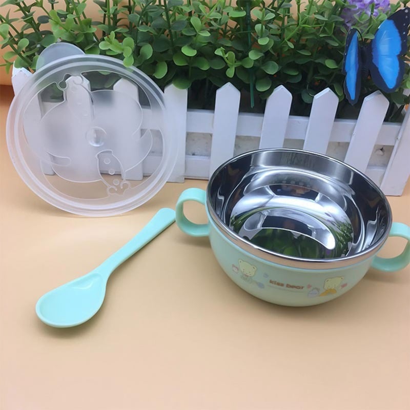 Picture of New Baby Feeding Bowl with Lids Stainless Steel Insulated Bowl Spoon Set Children Tableware Cartoon Printed Easy To Clean Children Food Bowl