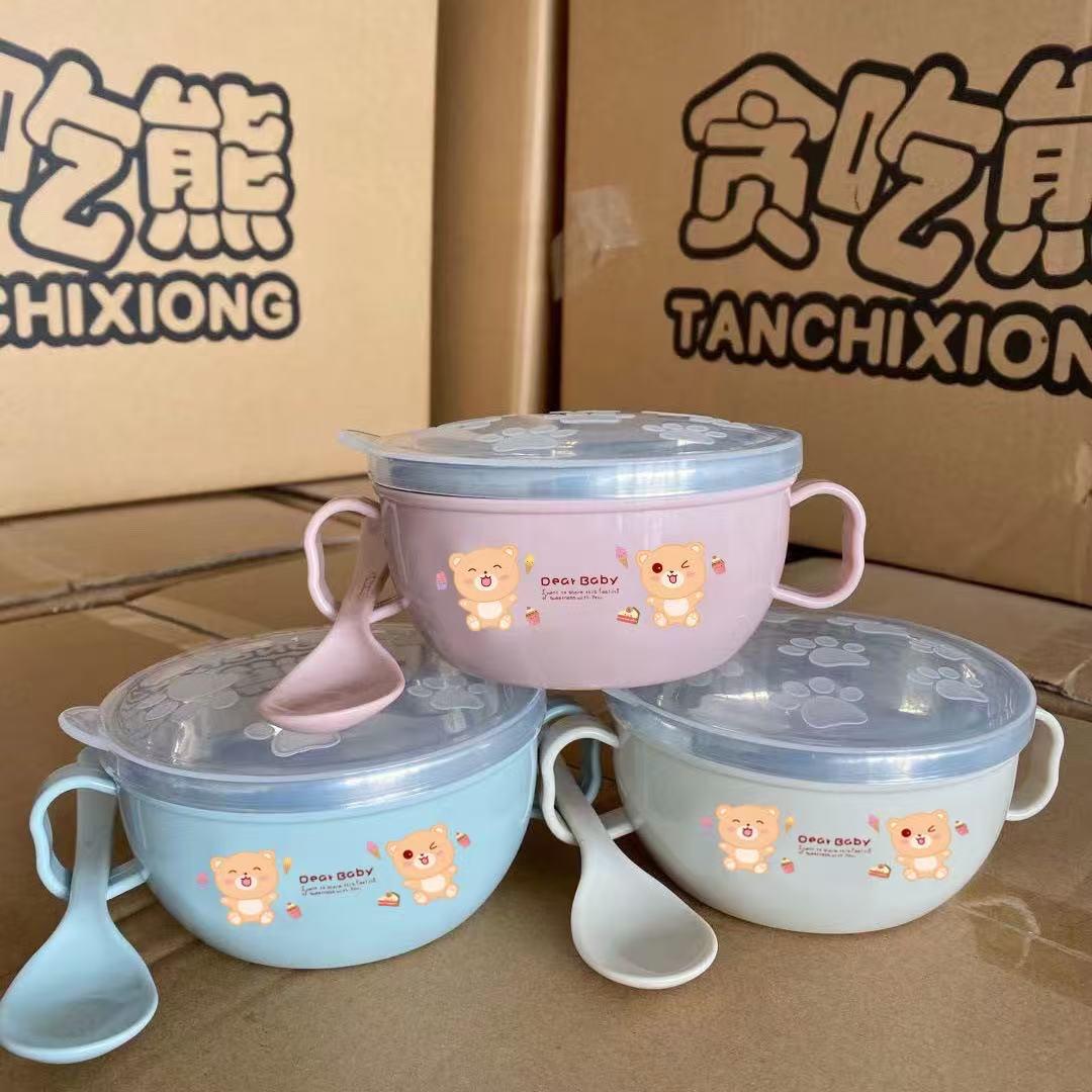 Picture of New Baby Feeding Bowl with Lids Stainless Steel Insulated Bowl Spoon Set Children Tableware Cartoon Printed Easy To Clean Children Food Bowl