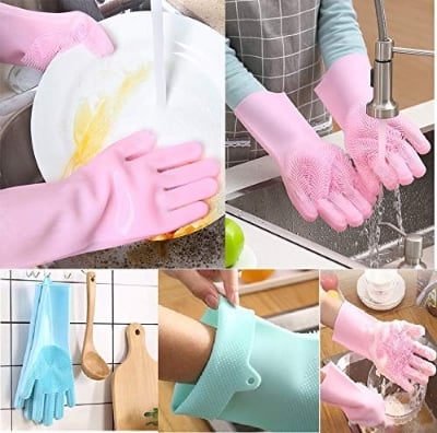 Picture of 2 Piece Silicone Dish washing Kitchen Hand Safety Gloves - Multicolor 2 Piece Set - Hand Gloves - Multicolor