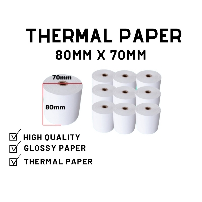 Picture of 80mm x 70mm Premium Quality Thermal POS Paper Roll – Pack of 10 Rolls  3" Inch  Thermal POS Roll – BPA Free – Suitable for POS Machines & Receipt Printers