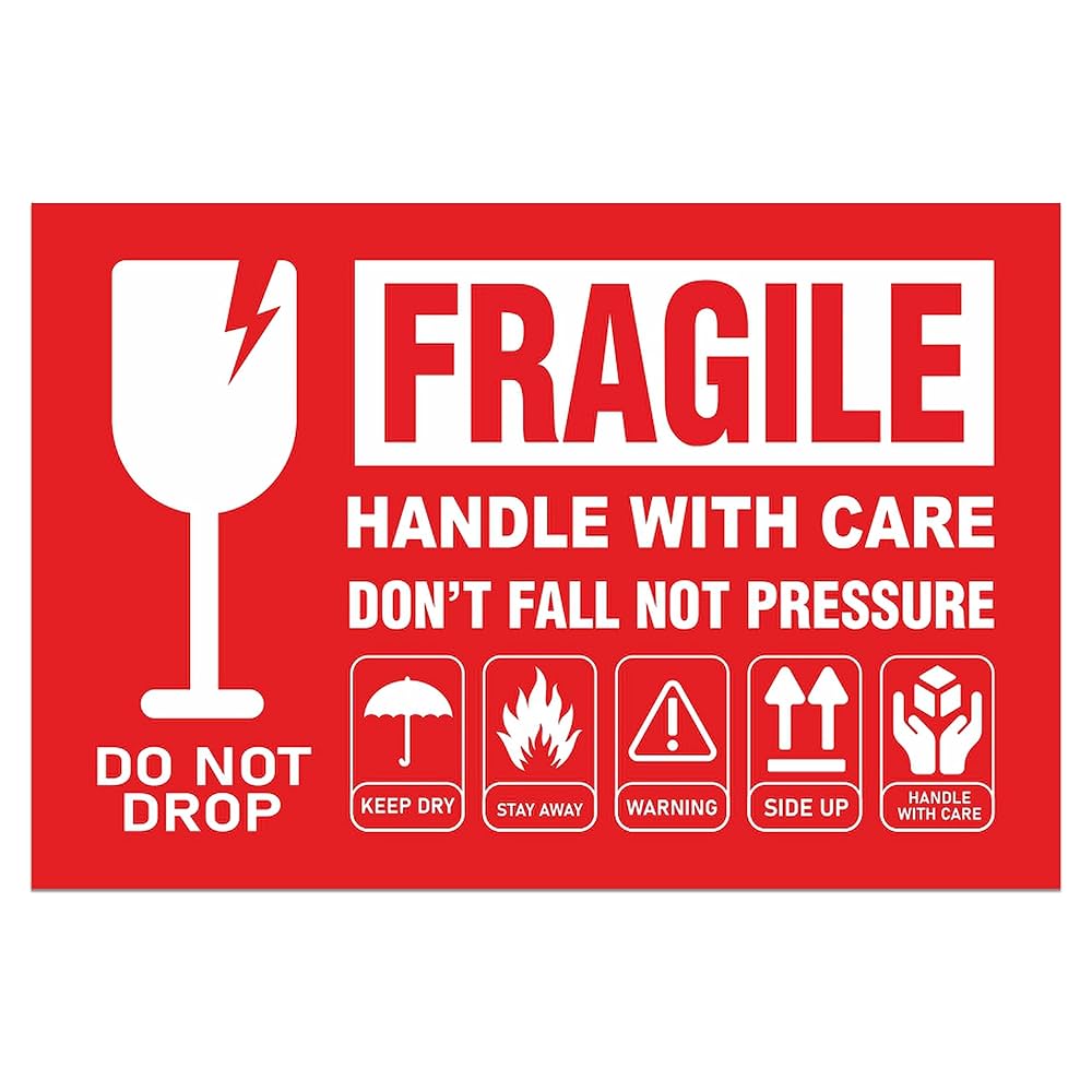 Picture of Fragile Handle with Care Sticker – Warning Label for Shipping Boxes & Packages | Care Mark Adhesive Label Roll | 3x2 inch | 250/500ps