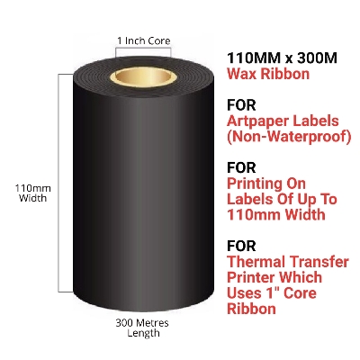 Picture of Premium Wax Barcode Ribbon 110mm x 300M – Thermal Transfer Ribbon for Label Printing | Smudge-Free & High-Quality Print