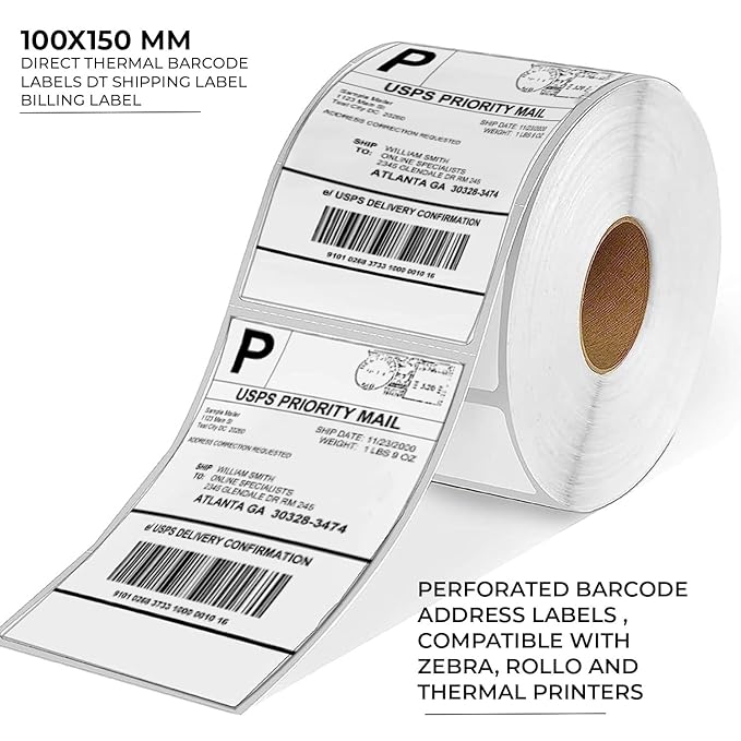 Picture of DT 100mm x 150mm (4' Inch x 6'' Inch) Adhesive Direct Thermal Barcode Label Sticker 01 Roll | 500 Labels Per Roll | ✅ No Ribbon Required | Use – Shipping Labels, Barcode Labels, Expiry Date Labels-White
