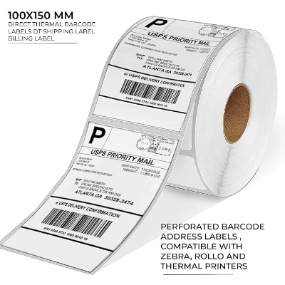 Picture of DT 100mm x 150mm (4' Inch x 6'' Inch) Adhesive Direct Thermal Barcode Label Sticker 01 Roll | 500 Labels Per Roll | ✅ No Ribbon Required | Use – Shipping Labels, Barcode Labels, Expiry Date Labels-White
