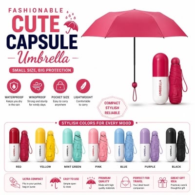 Picture of Fashionable Cute Capsule Umbrella Multicolor – Mini Pocket Umbrella Portable Folding Rain Sun Umbrella for Women Girls Travel Use