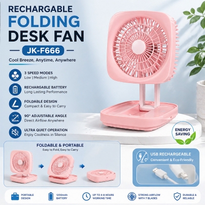 Picture of Rechargeable Folding Desk Fan with LED Light JK-F666 Model Heavy Duty – Portable USB Foldable Table Fan with Strong Airflow for Home Office Travel