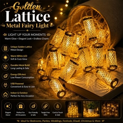 Picture of 20 Pcs Golden Lattice Metal String Fairy Light Bulbs | 12-15 Feet Long LED Metal String Fairy Light | Mini Bulb Lantern | Home, Room & Wedding Party Decoration