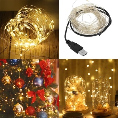 Picture of 16.4ft 5M USB Powered 50 LED Fairy String Light Copper Wire Decoration Lamp for Bedroom Home Party Wedding Christmas Halloween Eid Decor Warm White Colorful Lighting