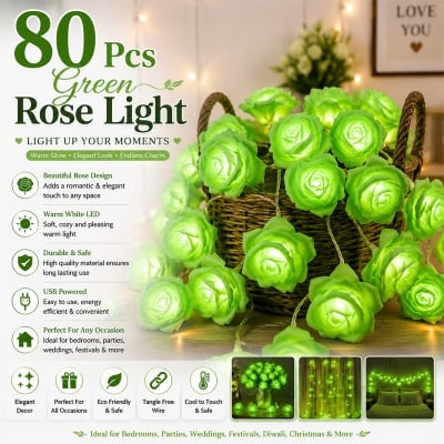 Picture of 80 Pcs LED Green Color Rose Flash String Fairy Light | 25 Feet Long Decorative LED String Lights | Home, Garden, Party, Wedding Decoration