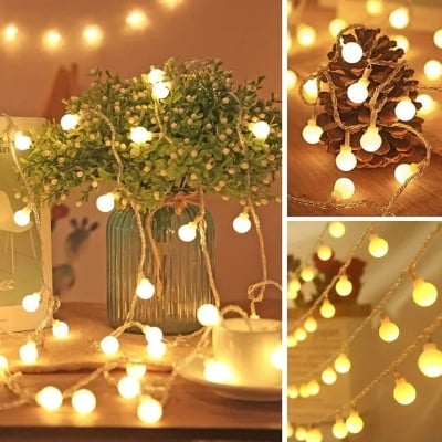 Picture of 28 Pieces Warm White Snow Ball Fairy Lights with White Wire – Decorative LED String Light for Bedroom, Room, Wedding, Party & Home Decoration