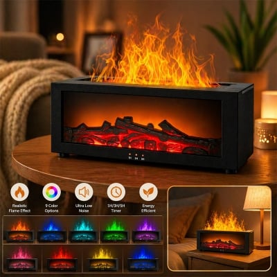 Picture of Fire Box Flame Humidifier & Aroma Diffuser with Remote – 7 Color LED Cool Mist Fireplace Essential Oil Diffuser, Timer, Auto Waterless Shut-Off for Home Room Decor