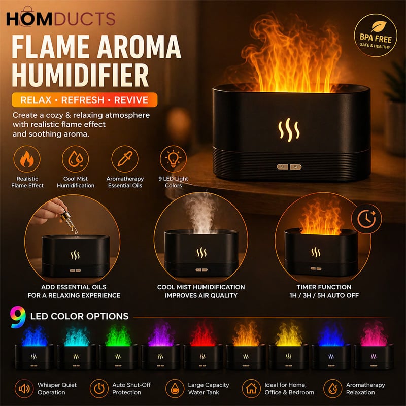 Picture of 3D Flame Humidifier LED Night Light – DQ701 Fire Humidifier Aroma Diffuser with 7 Color Lights, Oil Fragrance Aromatherapy Air Humidifier for Home Office Room Decor
