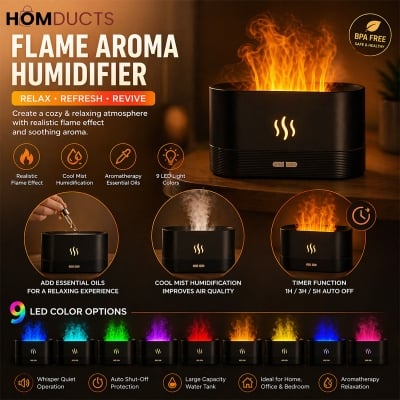 Picture of 3D Flame Humidifier LED Night Light – DQ701 Fire Humidifier Aroma Diffuser with 7 Color Lights, Oil Fragrance Aromatherapy Air Humidifier for Home Office Room Decor