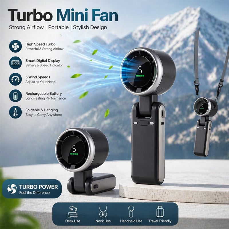 Picture of Turbo Fan Handheld Rechargeable Mini Fan – Portable USB Foldable Hanging Fan, High Speed Personal Cooling Fan for Travel Outdoor Desk Use