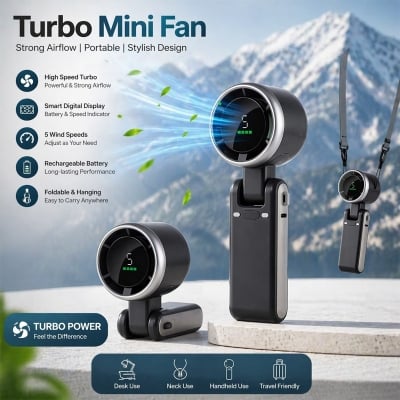 Picture of Turbo Fan Handheld Rechargeable Mini Fan – Portable USB Foldable Hanging Fan, High Speed Personal Cooling Fan for Travel Outdoor Desk Use