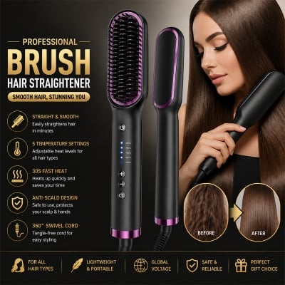 Picture of Professional Ceramic Hair Straightener Brush Fast Heating Electric Straightening Comb Curler Styler for Women and Men Smooth Frizz Free Hair Styling Tool