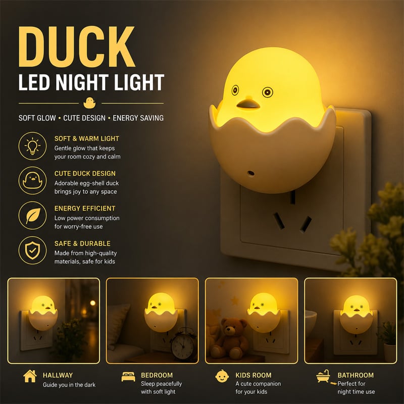 Picture of Nifty Niche Small Yellow Duck LED Night Light Plug In – Light Sensor Automatic Wall Lamp Cute Duck Night Lamp for Bedroom Kids Room Home Decor