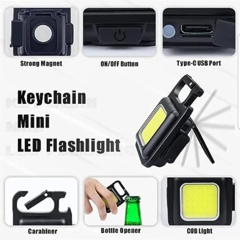 Picture of Mini USB Rechargeable LED Keychain Flashlight 800LM COB Work Light 4 Modes Portable Emergency Torch with Bottle Opener