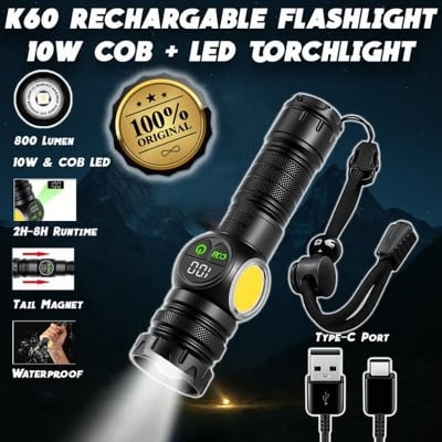 Picture of High Power LED Flashlight – GearUP K60 10W COB + LED Torch – Rechargeable, Waterproof, Zoom Function, Magnetic Base – 7700mAh Battery for Outdoor, Camping, Emergency, and Heavy-Duty Use