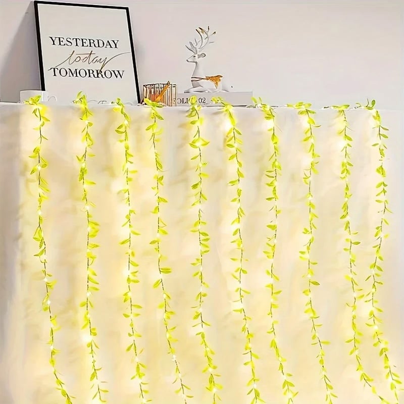 Picture of 2 Meter 20 LED Willow Curtain Decorative String Light Battery Operated Fairy Lights with Leaf Garland 3 Lighting Modes for Bedroom Wedding Party Home Wall Window Decoration Battery Included
