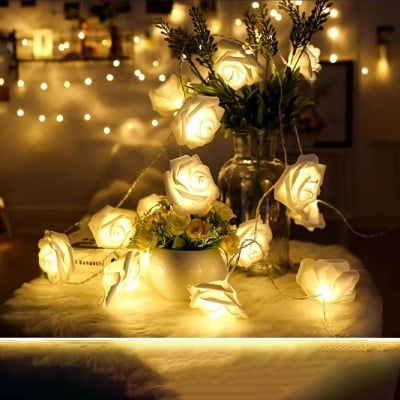 Picture of Decorative Party Fairy Light Warm White | Artificial Soft White Rose LED String Lights | Home, Garden, Wedding, Birthday & Event Decoration – MHN - 20 Led Rose Light