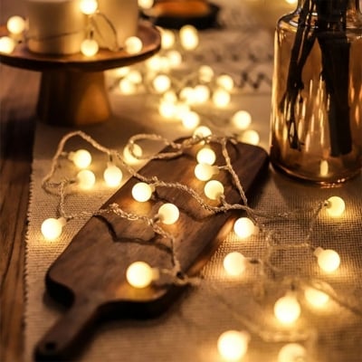 Picture of 28 Pieces Warm White Snow Ball Fairy Lights with White Wire – Decorative LED String Light for Bedroom, Room, Wedding, Party & Home Decoration