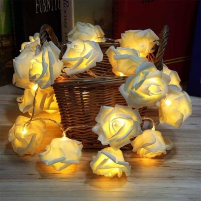 Picture of Decorative Party Fairy Light Warm White | Artificial Soft White Rose LED String Lights | Home, Garden, Wedding, Birthday & Event Decoration – MHN - 20 Led Rose Light