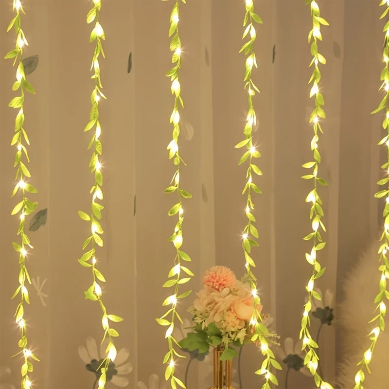 Picture of 2 Meter 20 LED Willow Curtain Decorative String Light Battery Operated Fairy Lights with Leaf Garland 3 Lighting Modes for Bedroom Wedding Party Home Wall Window Decoration Battery Included