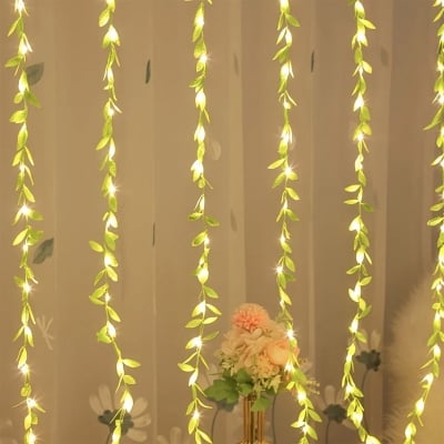 Picture of 2 Meter 20 LED Willow Curtain Decorative String Light Battery Operated Fairy Lights with Leaf Garland 3 Lighting Modes for Bedroom Wedding Party Home Wall Window Decoration Battery Included