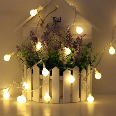Picture of 28 Pieces Warm White Snow Ball Fairy Lights with White Wire – Decorative LED String Light for Bedroom, Room, Wedding, Party & Home Decoration