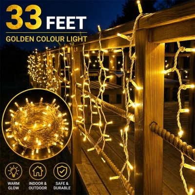 Picture of Golden Colour Fairy String Lights 33 Feet Warm White LED Decorative Light for Room Bedroom Curtain Wedding Party Festival Indoor Outdoor Home Decoration